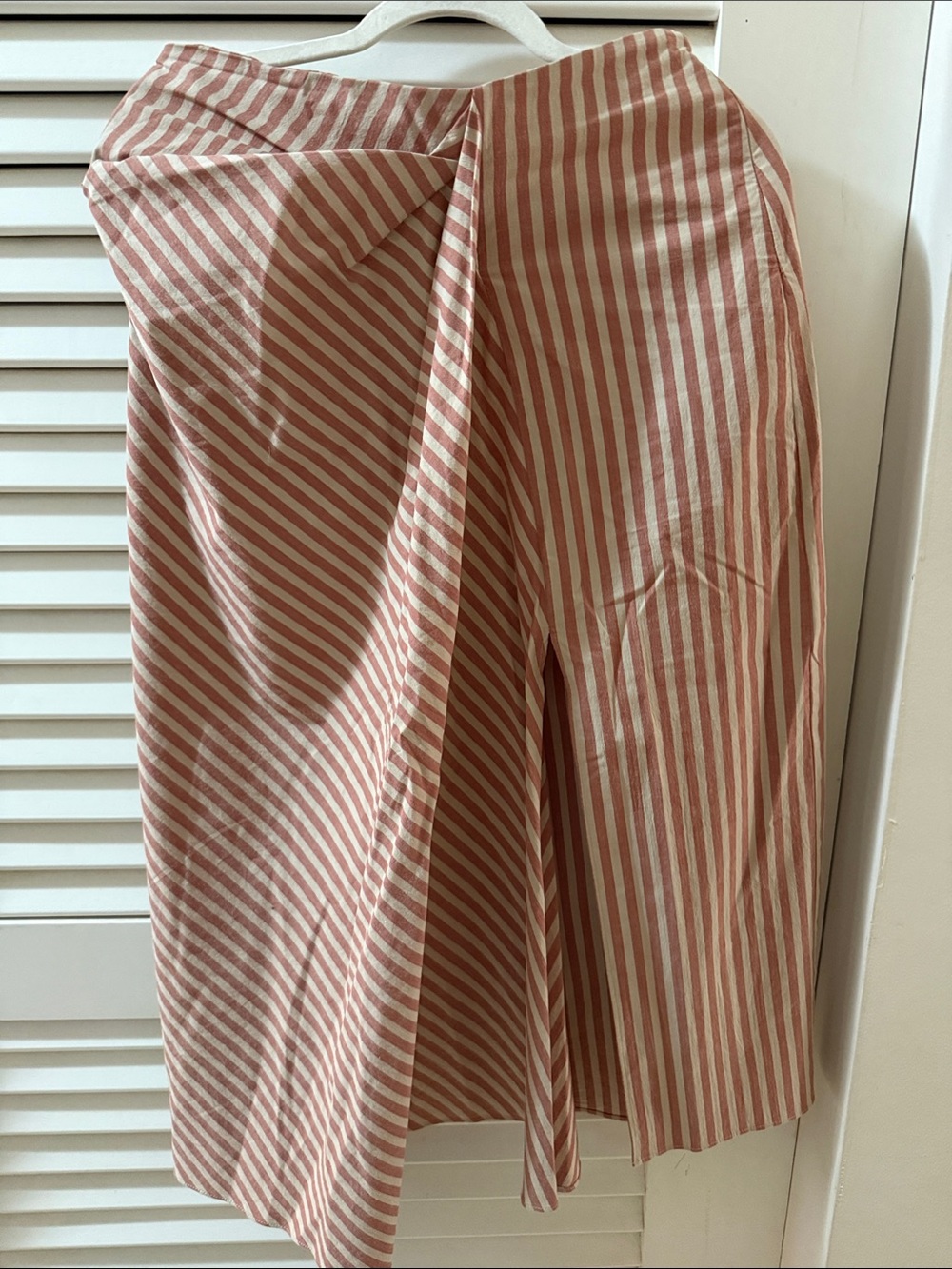 Zara Pink and White Striped Wrap-Front Midi Skirt
